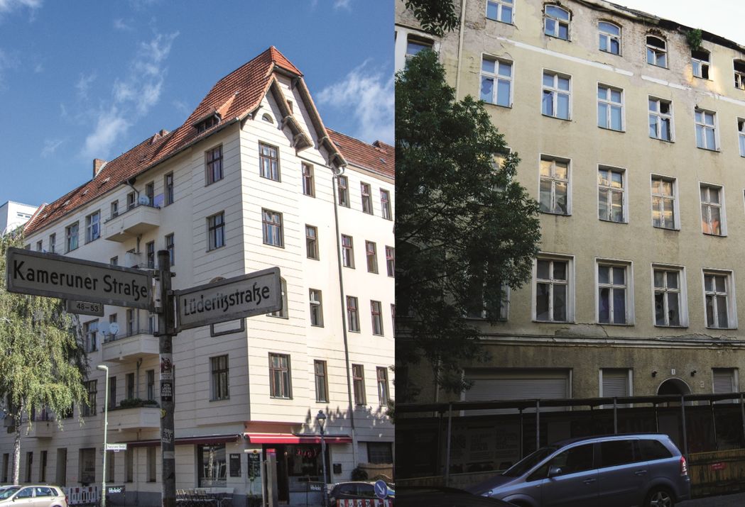 Wohngebäude in Kameruner/Ecke Lüderitzstraße (l.) und in der Burgsdorfstraße (r.)